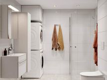 Visualisointi hintaan kuuluvasta kylpyhuonetyylistä Lumi. Visualisoinnissa lisäksi valittuna lisähintainen pesutorni.