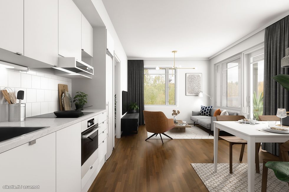 As. A27 2h+kt 46,0 m2, sisustustyylinä Wave (tumma parketti ja valkoiset kaapistot)