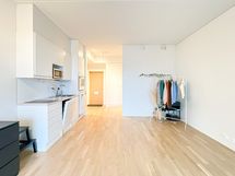 Asunnon tilavassa huoneessa on  avokeittiö, tilaa sängylle ja sohvaryhmälle.