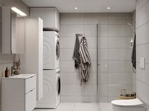 Visualisointi hintaan kuuluvasta kylpyhuonetyylistä Huurre: harmaansävyiset lattialaatat (visualisoinnista poiketen 10x10 cm) ja seinälaatat sekä tyyliin sopivat valkoinen allaslaatikosto, pyykkikaappi, peilikaappi sekä sähkökäyttöinen pyyhekuivain.