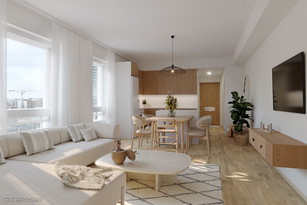 Havainnekuva olohuone-keittiö, A24 3h+kt, 65 m2, taiteilijan näkemys