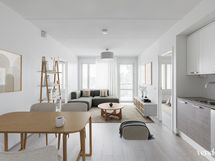 Keittiö ja olohuone digistailattuna.