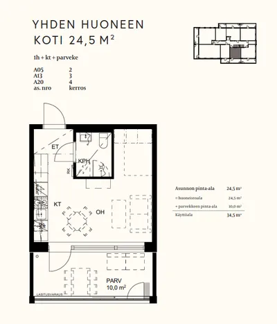 Kerrostalo, 1h,parvi, tupak, ma, p, 24,5 m², Kivikko - Vue 3