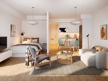 Visualisointi 32,5-neliöisestä yksiöstä (vaihtoehtopohja 2)