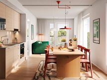 Keittiöissä on tyylikkäät Puustellin kalusteet ja Electroluxin kodinkoneet. Visualisointi 59,5-neliöisestä kolmiosta (asunnot D8 ja D15, 3h+kt).