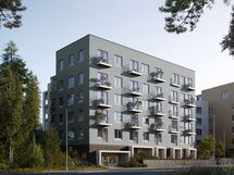 Visualisointikuvassa taiteilijan näkemys Hellikin julkisivusta Paatsamatien puolelta.