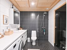 kauniissa kylpyhuoneessa on sadesuihku