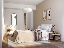 Visualisointikuvassa taiteilijan näkemys 57,0 m2 asunnon A12 makuuhuoneesta vaatehuoneella.