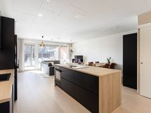 Näkymä kylpyhuoneen ovelta keittiön, ruokailutilan ja olohuoneen suuntaan