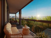 Taiteilijan näkemys ylimmän kerroksen 84,5m asunnon parvekenäkymistä