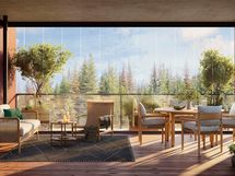 Visualisointi ylimmän kerroksen kaksiosta isolla terassilla (D26, 2h+kt, 48 m²).