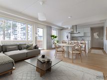 Digistailauskuva olohuoneesta ja keittiöstä