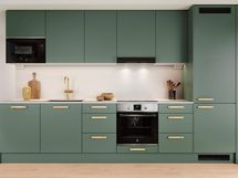 Visualisointi lisähintaisesta Havu-keittiötyylistä, jossa on mattavihreät ylä- ja alakaapit, puiset vetimet, vaalea kvartsinen työtaso ja välitila.