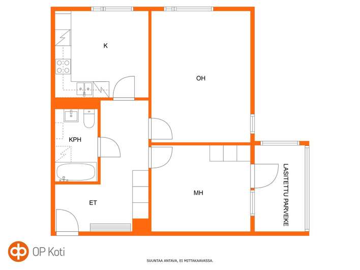 Kerrostalo, 2h+k+kph+lasitettup (YJ: 2 h+k+kh+parv), 59,5 m², Pohjois-Haaga – pohled 2