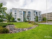 Naapuritaloyhtiöiden kanssa hallinnanjakosopimuksella jaettua puistomaista piha-aluetta.