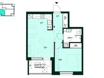 Tehokas kaksio, jossa avara olohuone–keittiö, tilava makuuhuone ja lasitettu parveke (2h+kt, 45 m²).