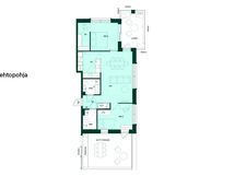 3h+kt+khh+s, 77,0 m². Vaihtoehtopohjassa suurempi makuuhuone onnistuu jättämällä sauna pois.