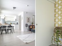 Näkymää suuremmasta makuuhuoneesta avaraan oleskelutilaan.