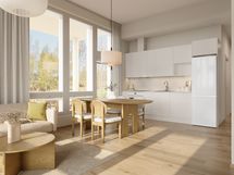 Visualisointikuvassa taitelijan näkemys 58 m2 asunnosta