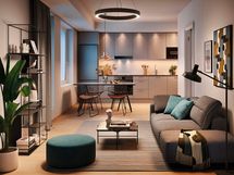 Visualisointi 64-neliöisestä kolmiosta (E34, E41, 3h+kt+s, 64 m²).