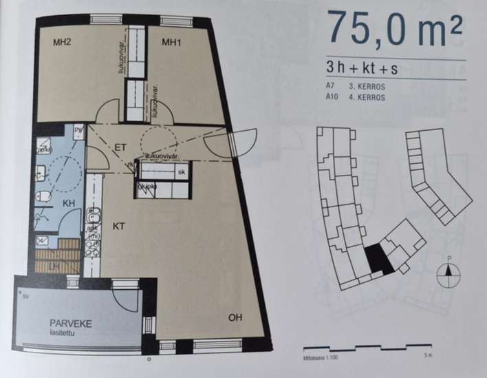 Kerrostalo, 3h+kt+s+et+lasitet.parveke, 75 m², Kuninkaantammi – pohled 2