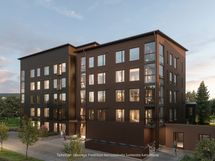 Taiteilijan näkemys Fredrikan kerrostalosta luoteesta katsottuna