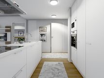 42 m² asunnon keittiö, valkoinen sisustusmaailma (havainnekuva)