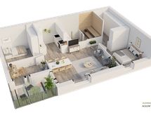 3D pohjakuva peilikuvana asuntoon nähden.