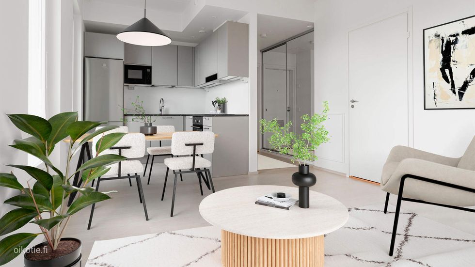 Digistailattu asunto A 26 - Tyylikkään harmaasta keittotilasta löytyy Puustellin kalusteet ja Electroluxin kodinkoneet.