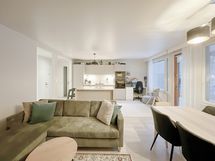 Olohuoneeseen mahtuu sohvaryhmä ja ruokapöytä mainiosti.