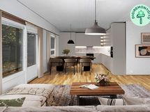 Digiremontointu kuva olohuoneesta kohti keittiötä.