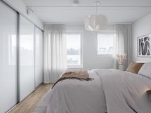 Havainnekuva kolmannen kerroksen vastaavasta makuuhuoneesta.