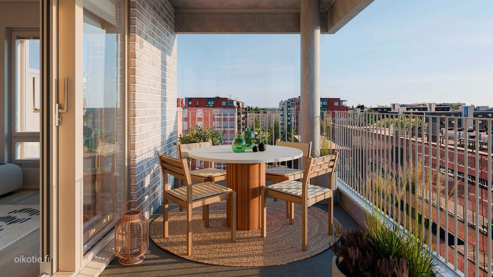 Visualisointi 8. kerroksen vastaavasta kodista (4h+kt+s, 93,5 m²).