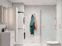 Visualisointi hintaan kuuluvasta vaaleasta kylpyhuonetyylistä Kaste. Visualisoinnissa lisäksi valittuna lisähintainen pesutorni.