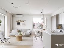 Keittiön väri mahdollisuus vaihtaa. Valokuva asunnosta F29 vaaleammalla keittiökaappisävyllä.