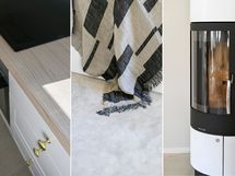 Laadukkaat materiaalit. Kuvat keittiöstä, alakerran makuuhuoneen kokolattiamatto, tyylikäs takka