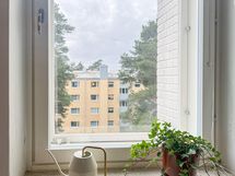 Olohuoneen ikkunasta näkymät lounaaseen. Ikkunoissa sälekaihtimet.