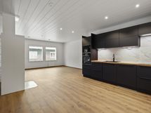 Näkymää kodinhoitohuoneen ovelta keittiöön ja olohuoneeseen.