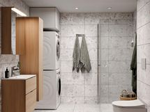 Lisähintainen kylpyhuonetyyli Kivinen Huurre.  Visualisoinnissa lisäksi valittuna tammen sävyinen allaslaatikosto, peilikaappi ja pyykkikaappi sekä pesutorni. (M-koon kylpyhuone).