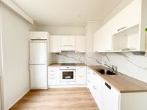 Tilassa on paljon työpöytä- ja laskutilaa ja astianpesukone helpottaa arjen kotitöitä.