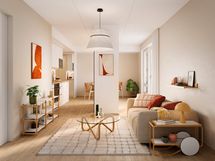 Visualisointi ensimmäisen kerroksen vastaavasta kodista (2h+kt, 45 m²)