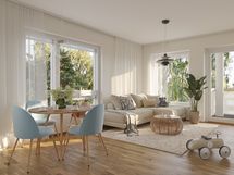 Olohuone vastaavasta asunnosta A27. Taiteilijan näkemys.