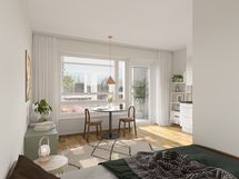 Havainnekuva asunto A8. 1h+kt. 27 m2.Taiteilijan näkemys.