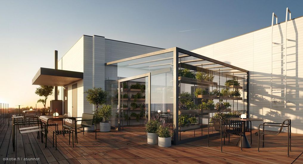 Taloyhtiön kattoterassilla viherhuone