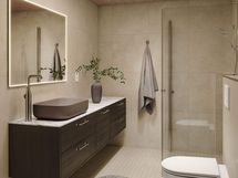 Visualisointikuva Aavikko-tyylillä sisustetusta kylpyhuoneesta