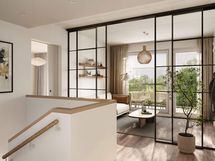 Visualisointikuva rivitalokodista B 09 ( 5h+kt+s).  Lisähintainen lasinen jakoseinä valittavissa kaikkiin asuntotyyppeihin.