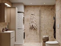 Lisähintainen kylpyhuonetyyli Kivinen Hieta. Visualisoinnissa lisäksi valittuna hiekan värinen allaslaatikosto, peilikaappi ja pyykkikaappi sekä pesutorni. (M-koon kylpyhuone).