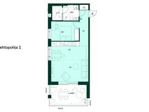 2h+kt+s, 54,5 m². Vaihtoehtopohjassa avarampi olohuone syntyy jättämällä keittotilan seinäke pois.