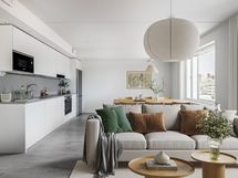 Digitaalisesti stailattu kuva 5. kerroksen vastaavasta olohuoneesta.