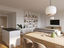 Asunto A45 olohuone. Taiteilijan näkemys.